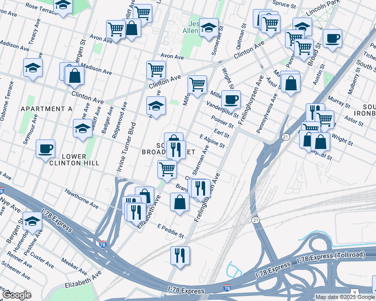 map of restaurants, bars, coffee shops, grocery stores, and more near 7 Stanton Street in Newark