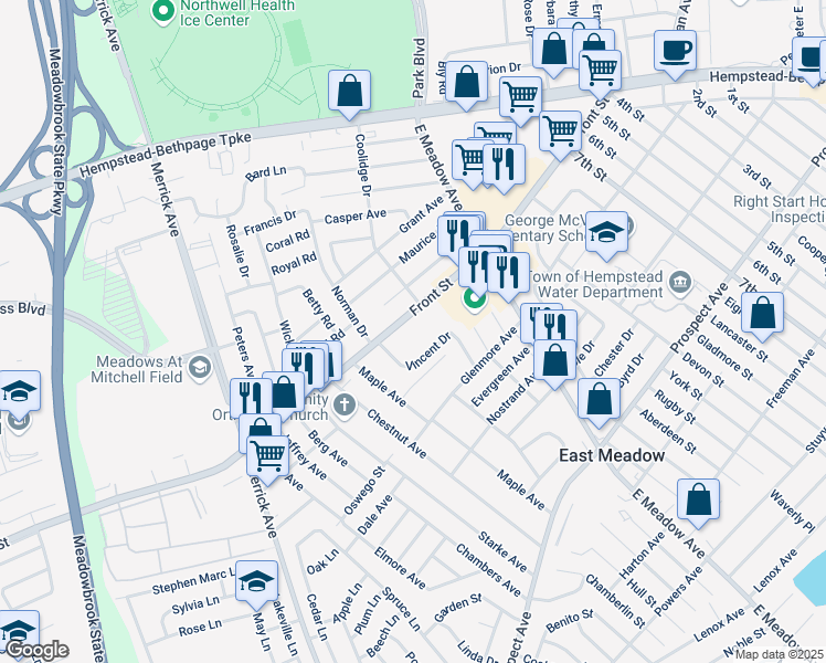 map of restaurants, bars, coffee shops, grocery stores, and more near 1740 Front Street in East Meadow