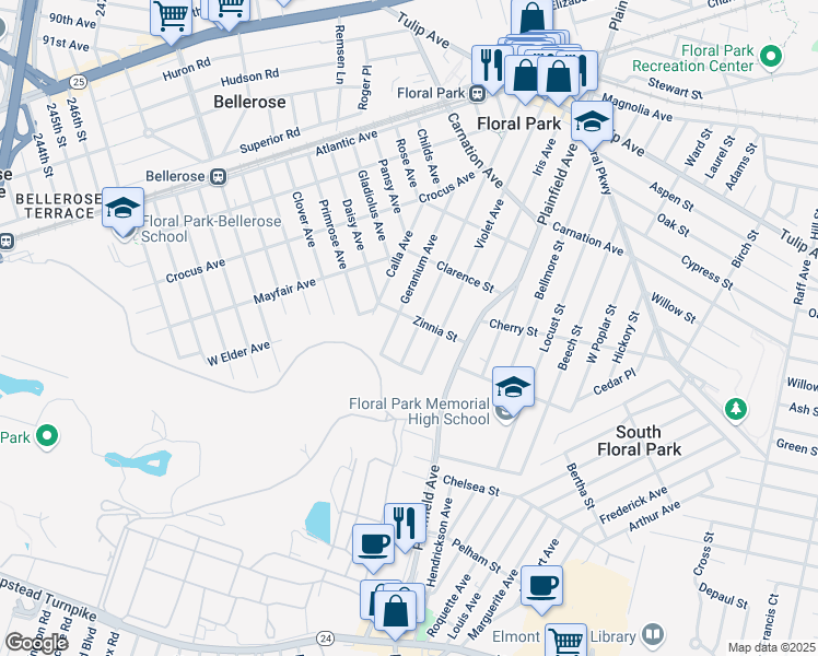 map of restaurants, bars, coffee shops, grocery stores, and more near 40 Zinnia Street in Floral Park