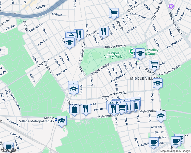 map of restaurants, bars, coffee shops, grocery stores, and more near 6320A Pleasantview Street in Queens