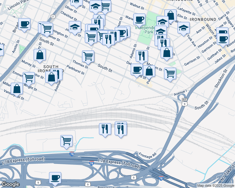 map of restaurants, bars, coffee shops, grocery stores, and more near 410 Adams Street in Newark