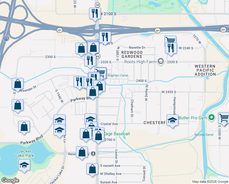 map of restaurants, bars, coffee shops, grocery stores, and more near 1602 Blue Grouse Way in West Valley City