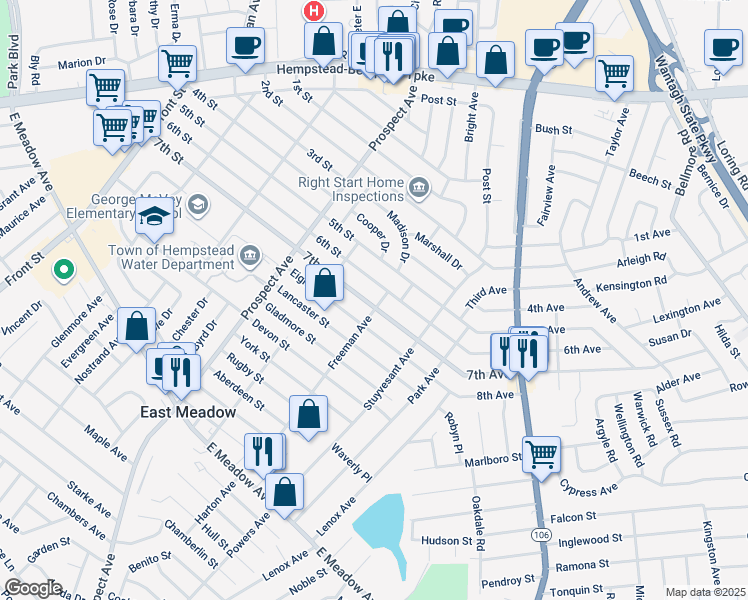 map of restaurants, bars, coffee shops, grocery stores, and more near 2441 7th Street in East Meadow