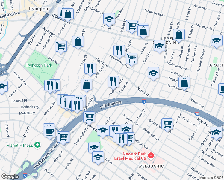map of restaurants, bars, coffee shops, grocery stores, and more near 86 Schley Street in Newark