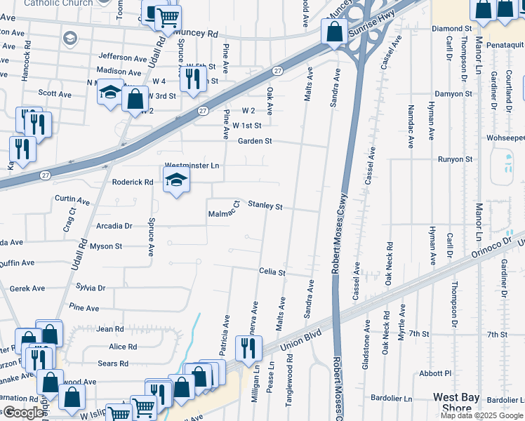 map of restaurants, bars, coffee shops, grocery stores, and more near 876 Stanley Street in West Islip