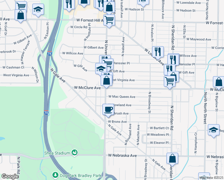 map of restaurants, bars, coffee shops, grocery stores, and more near 1210 West McClure Avenue in Peoria