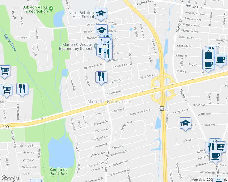 map of restaurants, bars, coffee shops, grocery stores, and more near 105 Liberty Avenue in North Babylon