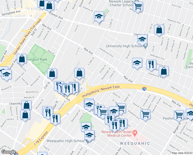 map of restaurants, bars, coffee shops, grocery stores, and more near 88 Schley Street in Newark