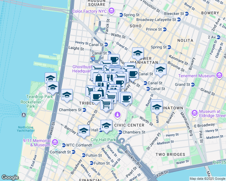 map of restaurants, bars, coffee shops, grocery stores, and more near 66 Leonard Street in New York