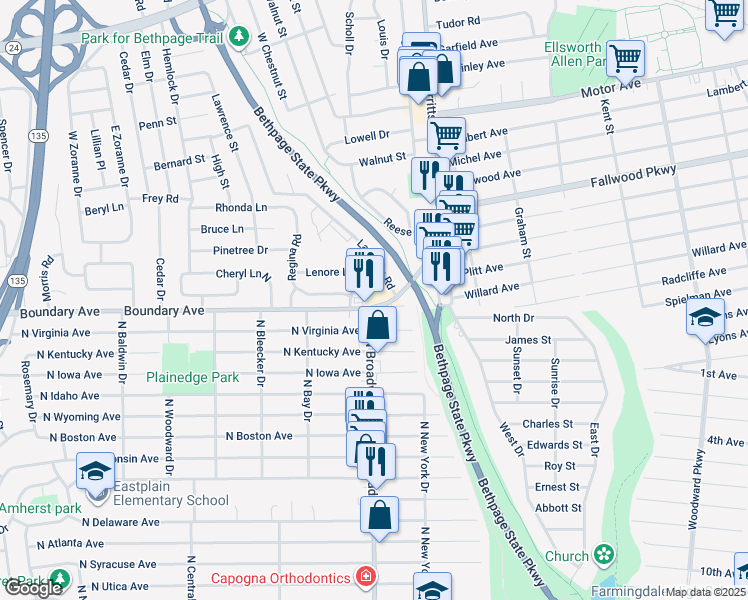 map of restaurants, bars, coffee shops, grocery stores, and more near 8 Boundary Avenue in Plainedge