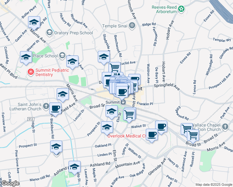 map of restaurants, bars, coffee shops, grocery stores, and more near 374-382 Springfield Avenue in Summit