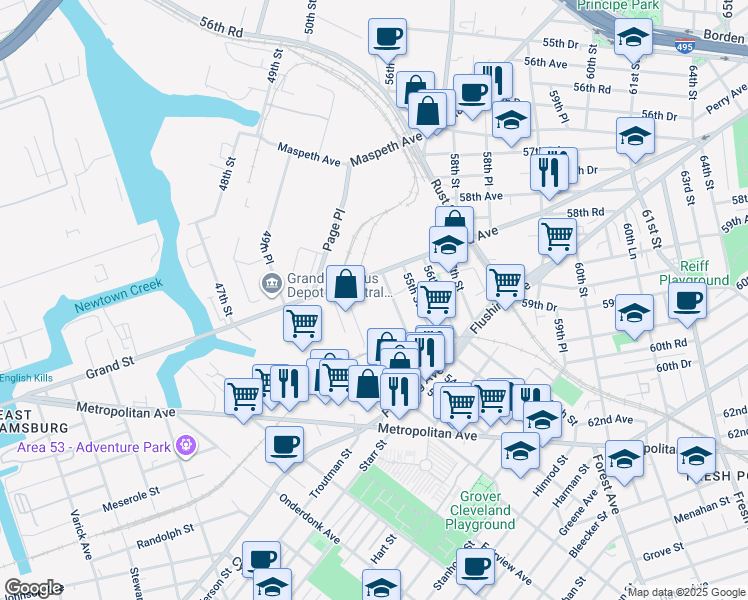 map of restaurants, bars, coffee shops, grocery stores, and more near 53-06 Grand Avenue in Queens