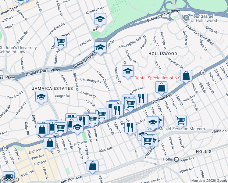map of restaurants, bars, coffee shops, grocery stores, and more near 87-7 188th Street in Queens
