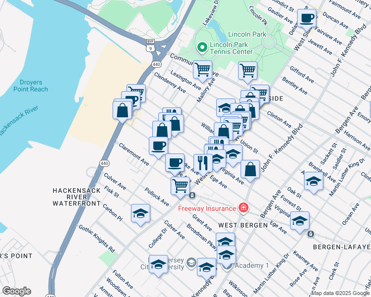 map of restaurants, bars, coffee shops, grocery stores, and more near 310 Ege Avenue in Jersey City