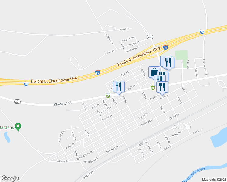 map of restaurants, bars, coffee shops, grocery stores, and more near 509 Fir St in Carlin