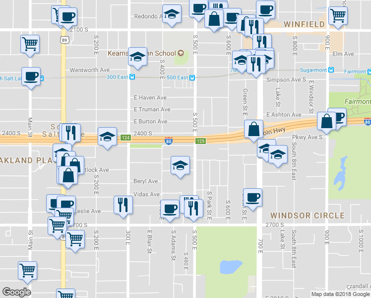 map of restaurants, bars, coffee shops, grocery stores, and more near 470 East Robert Avenue in South Salt Lake