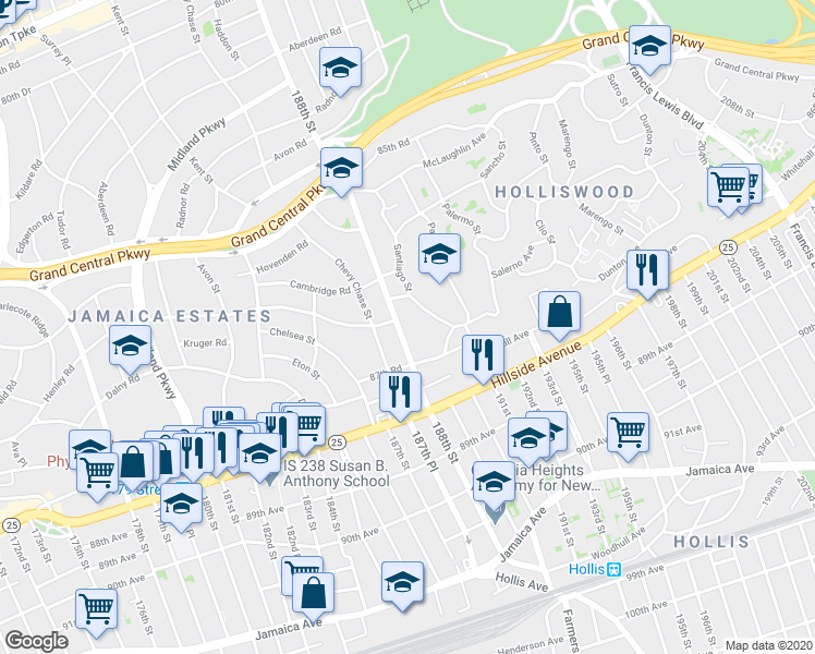 map of restaurants, bars, coffee shops, grocery stores, and more near 87-7 188th Street in Queens