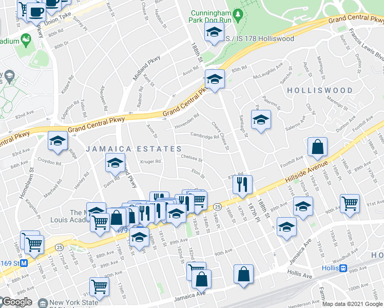 map of restaurants, bars, coffee shops, grocery stores, and more near 85-33 Chelsea Street in Queens