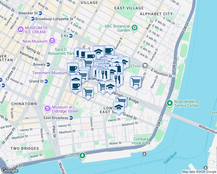 map of restaurants, bars, coffee shops, grocery stores, and more near 186 Delancey Street in New York