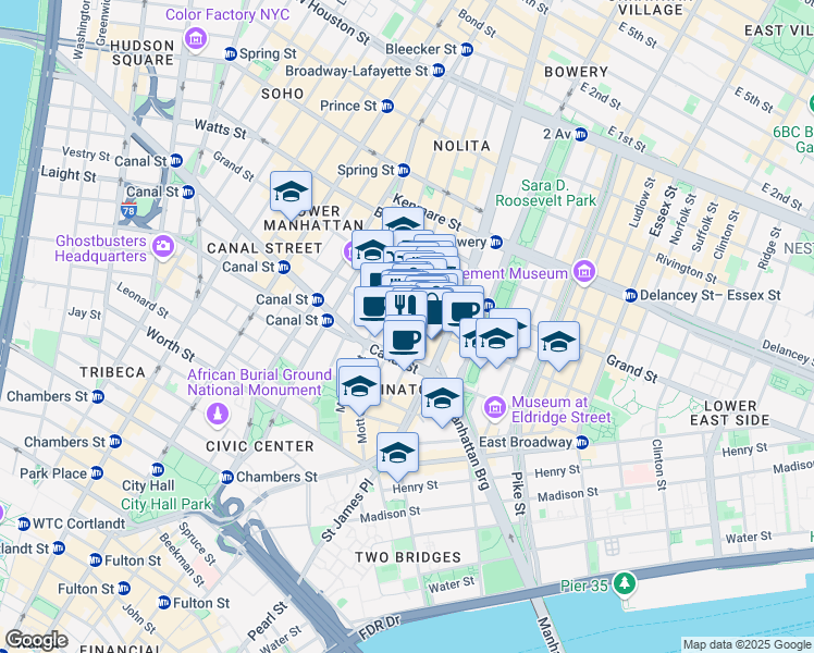 map of restaurants, bars, coffee shops, grocery stores, and more near 158 Hester Street in New York