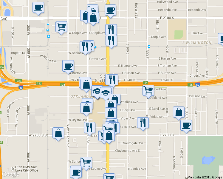 map of restaurants, bars, coffee shops, grocery stores, and more near 2435 South State Street in Salt Lake City