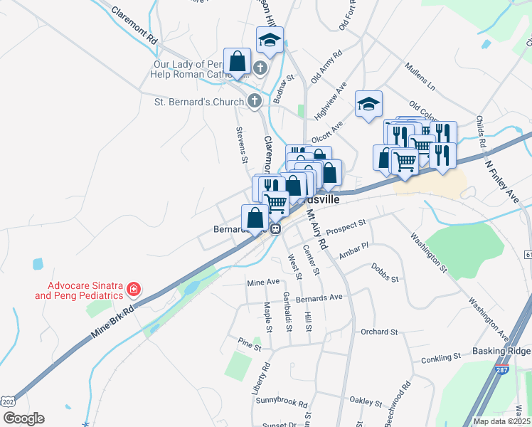 map of restaurants, bars, coffee shops, grocery stores, and more near in Bernardsville