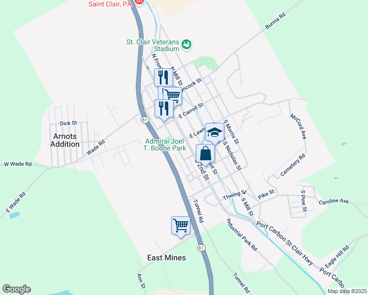 map of restaurants, bars, coffee shops, grocery stores, and more near 114 South 2nd Street in Saint Clair