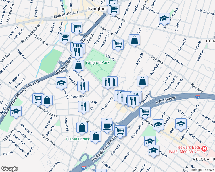 map of restaurants, bars, coffee shops, grocery stores, and more near 563 Lyons Avenue in Irvington