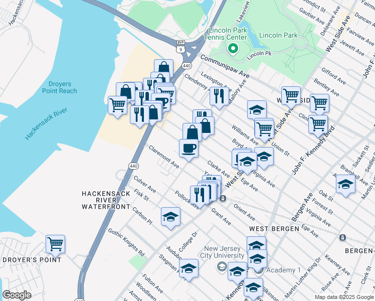 map of restaurants, bars, coffee shops, grocery stores, and more near 99 Clarke Avenue in Jersey City