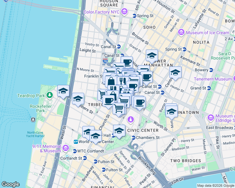 map of restaurants, bars, coffee shops, grocery stores, and more near 56 Leonard Street in New York