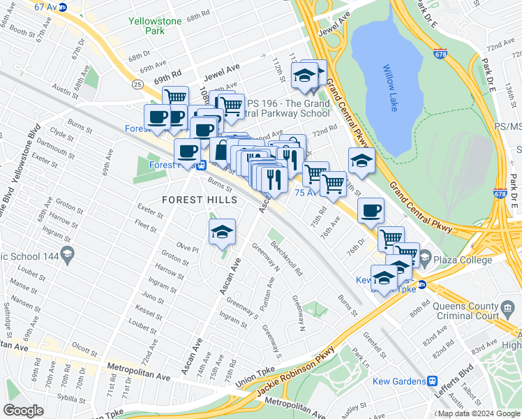 map of restaurants, bars, coffee shops, grocery stores, and more near Ascan Ave & Burns St in Queens