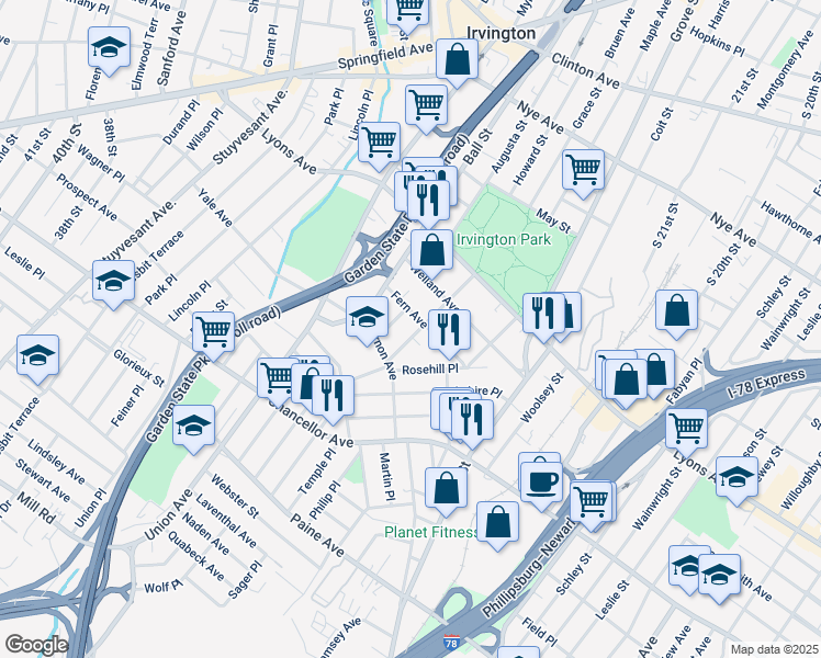 map of restaurants, bars, coffee shops, grocery stores, and more near 61 Chester Avenue in Irvington