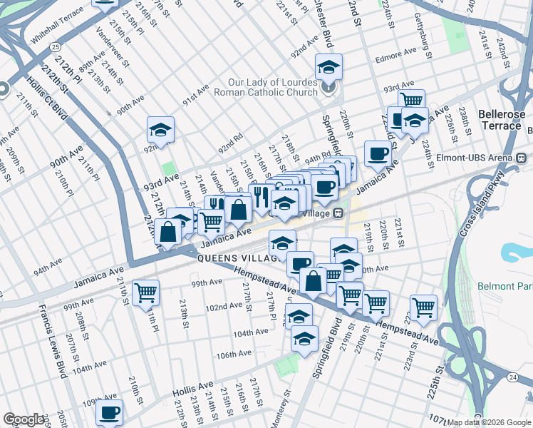 map of restaurants, bars, coffee shops, grocery stores, and more near 94-40 215th Place in Queens