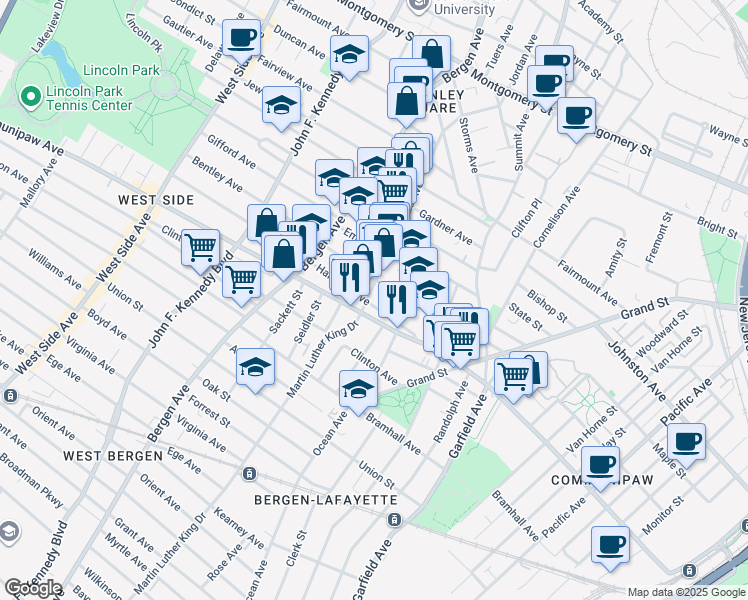 map of restaurants, bars, coffee shops, grocery stores, and more near 54 Harrison Avenue in Jersey City