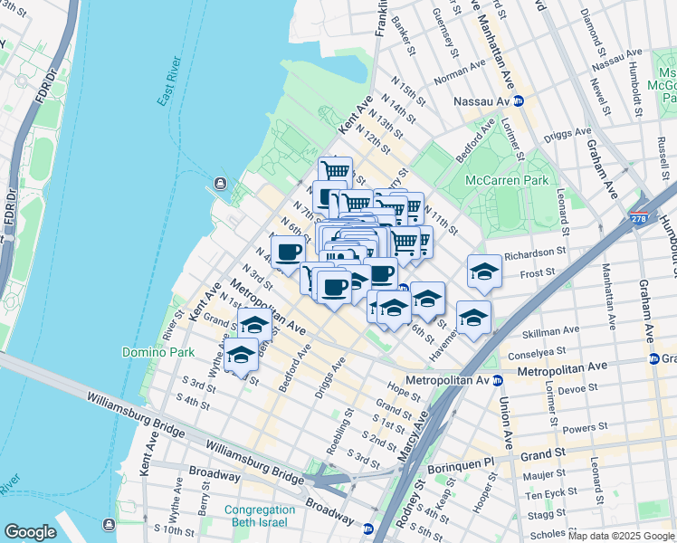 map of restaurants, bars, coffee shops, grocery stores, and more near 134 North 6th Street in Brooklyn