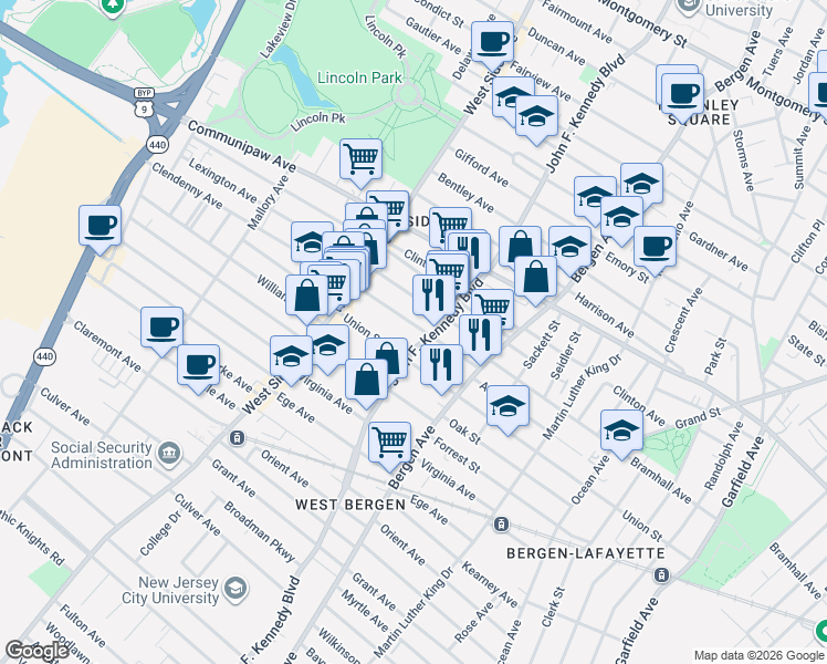 map of restaurants, bars, coffee shops, grocery stores, and more near 2315 John F. Kennedy Boulevard in North Bergen
