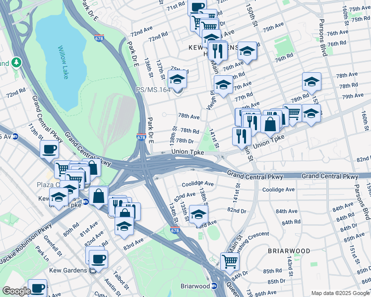 map of restaurants, bars, coffee shops, grocery stores, and more near 138-29 Union Turnpike in Queens