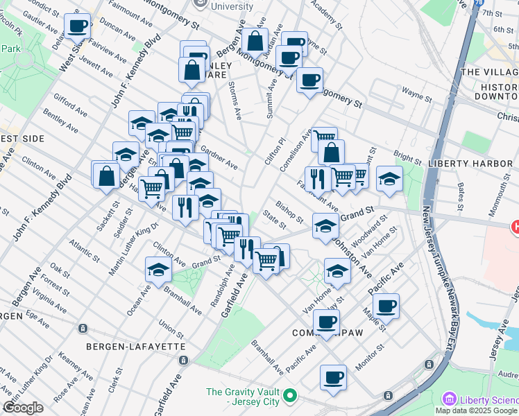 map of restaurants, bars, coffee shops, grocery stores, and more near 39 Cornelison Avenue in Jersey City