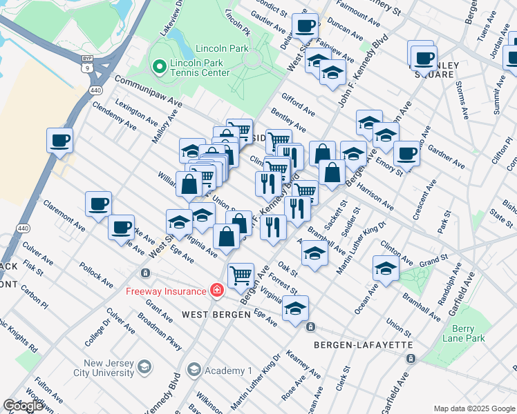 map of restaurants, bars, coffee shops, grocery stores, and more near 57 Clendenny Avenue in Jersey City