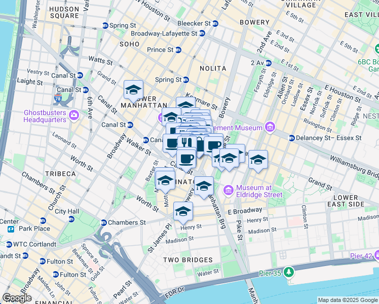 map of restaurants, bars, coffee shops, grocery stores, and more near 158 Hester Street in New York