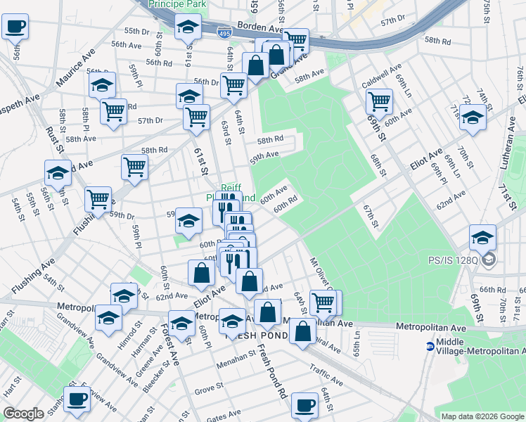 map of restaurants, bars, coffee shops, grocery stores, and more near 62-47 60th Avenue in Queens