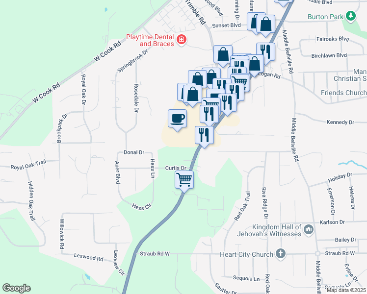 map of restaurants, bars, coffee shops, grocery stores, and more near 1542 Lexington Avenue in Mansfield