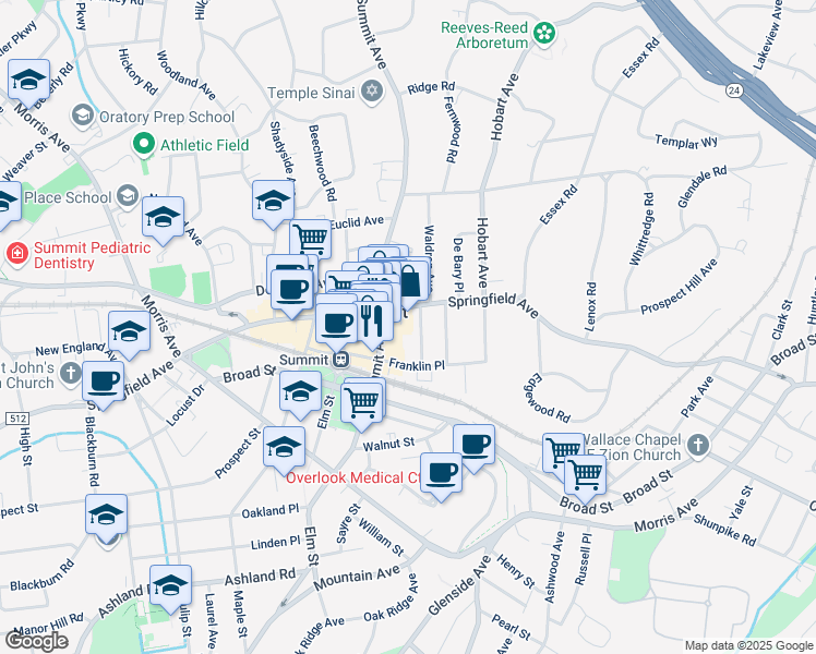 map of restaurants, bars, coffee shops, grocery stores, and more near 320 Springfield Avenue in Summit
