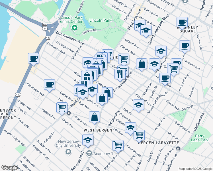 map of restaurants, bars, coffee shops, grocery stores, and more near 294 Union Street in Jersey City
