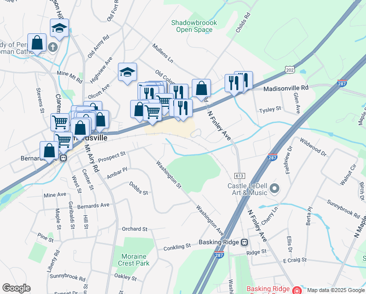 map of restaurants, bars, coffee shops, grocery stores, and more near 38 Maple Village Court in Bernardsville