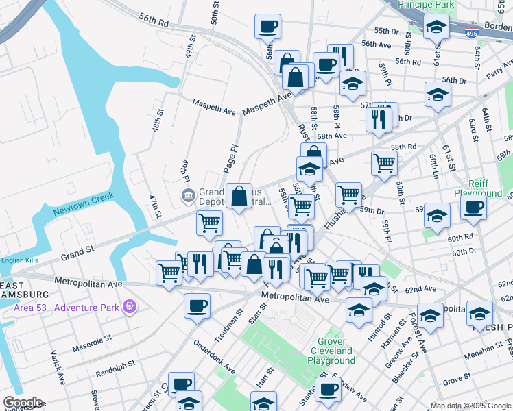 map of restaurants, bars, coffee shops, grocery stores, and more near 53-06 Grand Avenue in Queens