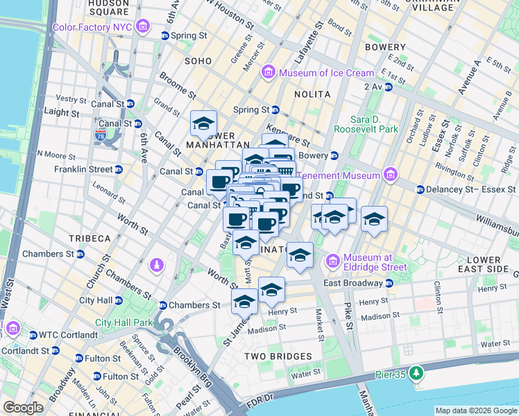 map of restaurants, bars, coffee shops, grocery stores, and more near 114 Mulberry Street in New York