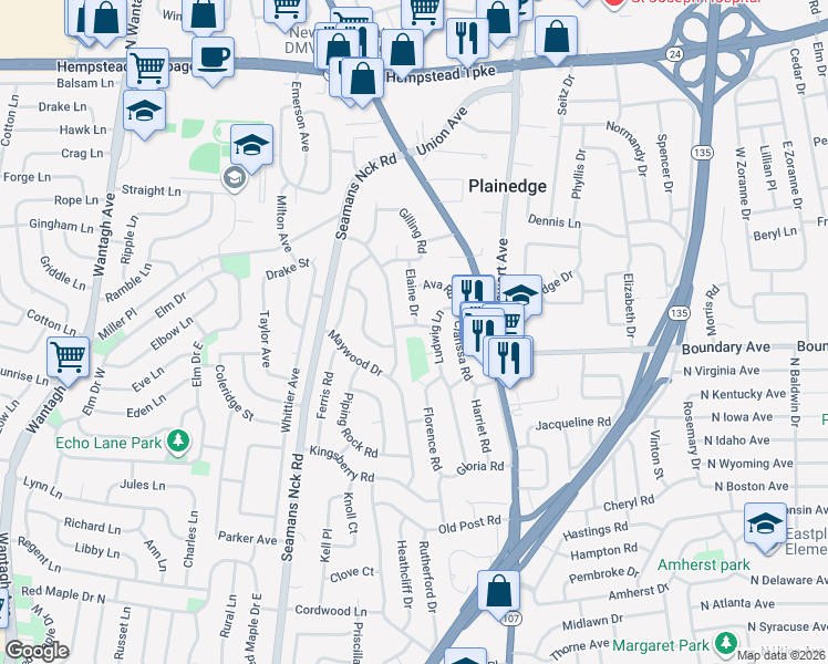 map of restaurants, bars, coffee shops, grocery stores, and more near 4115 Daisy Road in Bethpage
