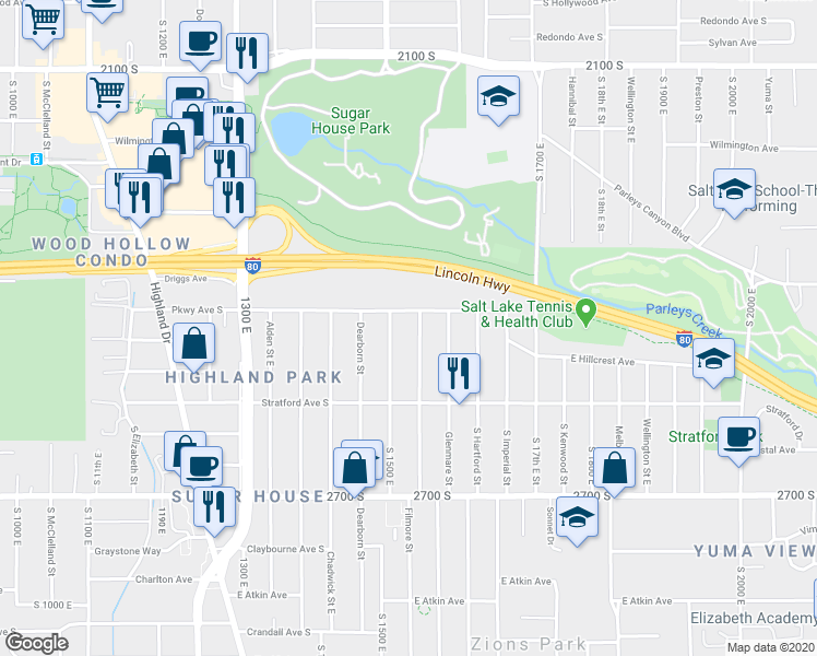 map of restaurants, bars, coffee shops, grocery stores, and more near 2476 Filmore Street in Salt Lake City
