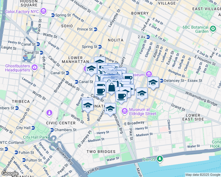 map of restaurants, bars, coffee shops, grocery stores, and more near 237 Grand Street in New York